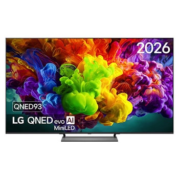 Het vooraanzicht van de LG QNED evo AI QNED90 Mini LED, uitgebracht in 2026, vult het scherm met levendige, vloeiende uitbarstingen van veelkleurige, verfachtige bewegingen, terwijl dichte wolken van kleur naadloos over het scherm versmelten.